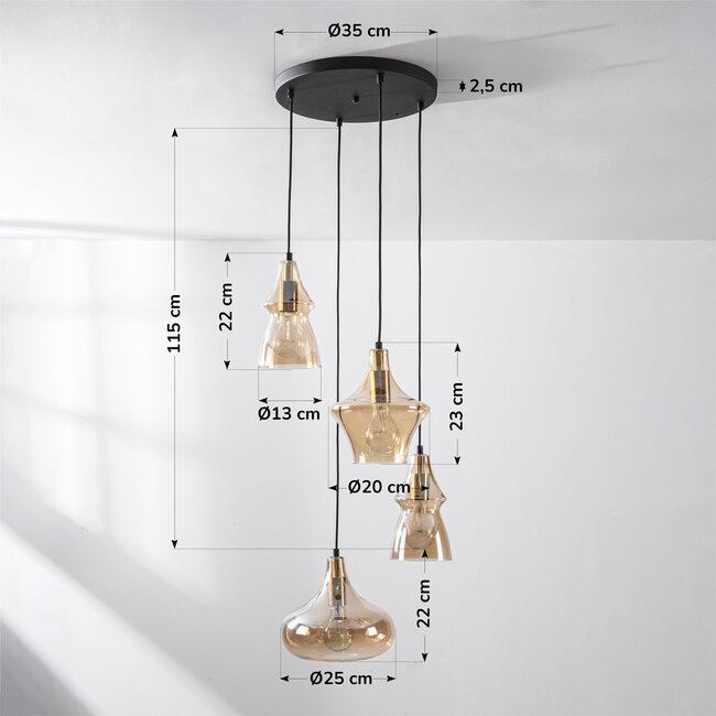 Lampa wisząca w stylu retro Calypso z czterema kloszami ze szkła bursztynowego