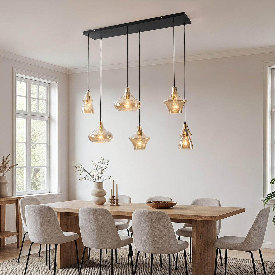 Industrialna lampa wisząca Calypso 6 światła ze szkłem bursztynowym