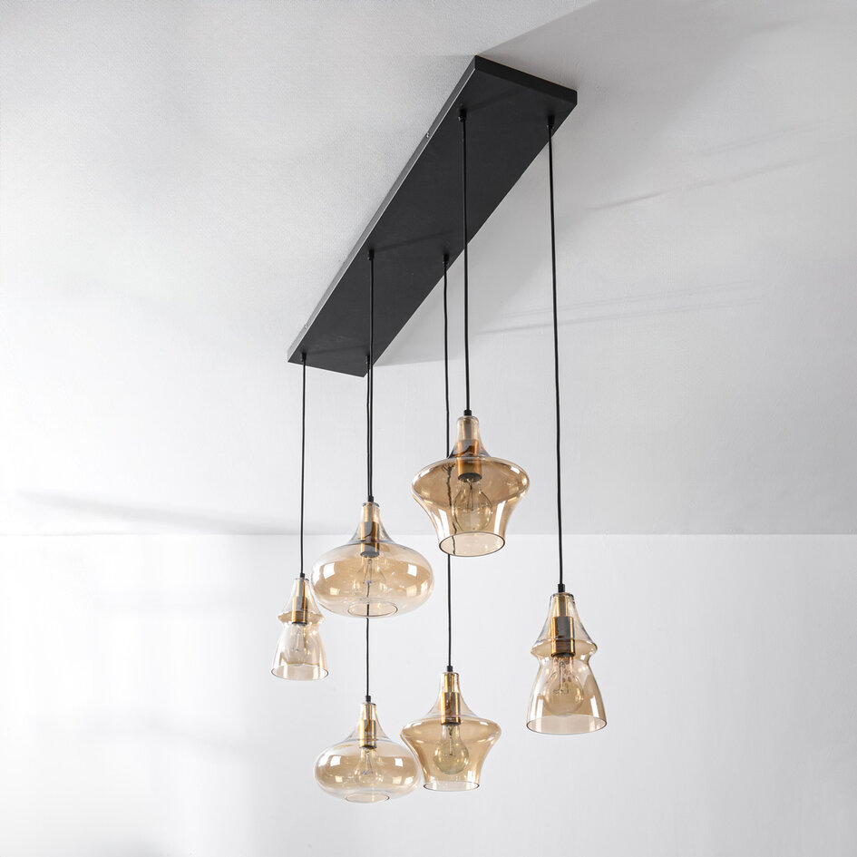 Industrialna lampa wisząca Calypso 6 światła ze szkłem bursztynowym