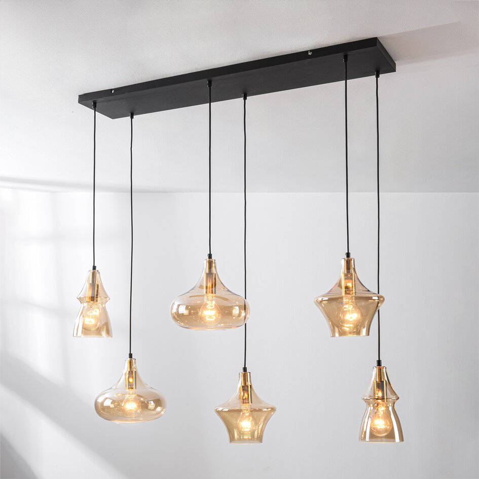 Industrialna lampa wisząca Calypso 6 światła ze szkłem bursztynowym