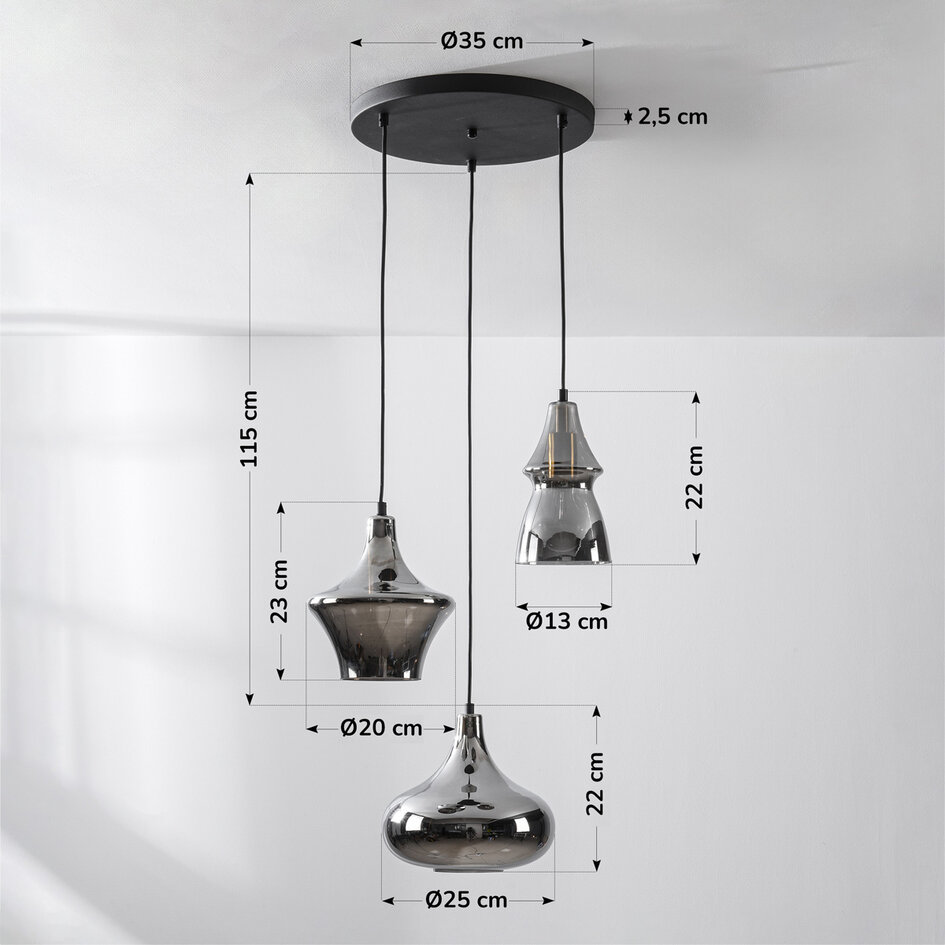 3 światła nowoczesna lampa wisząca Calypso czarny z przydymionym szkłem