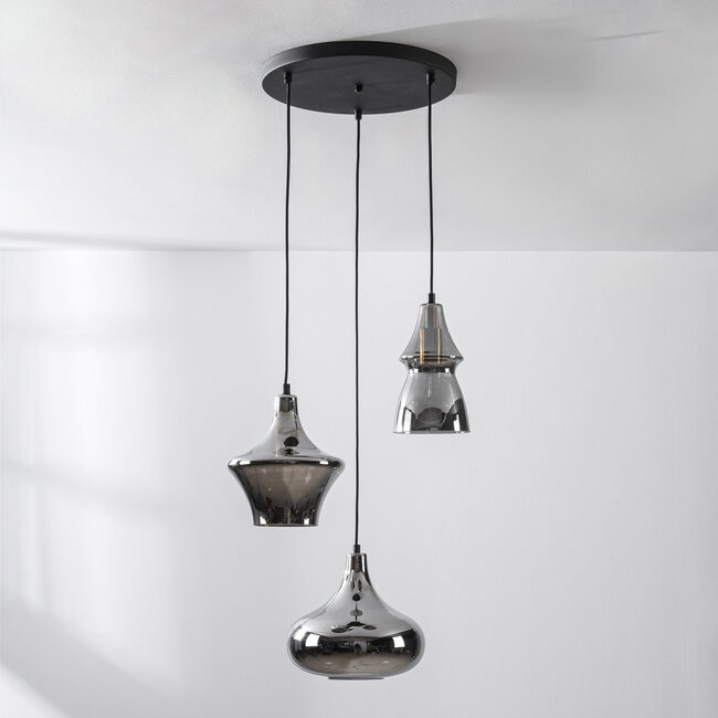 3 światła nowoczesna lampa wisząca Calypso czarny z przydymionym szkłem