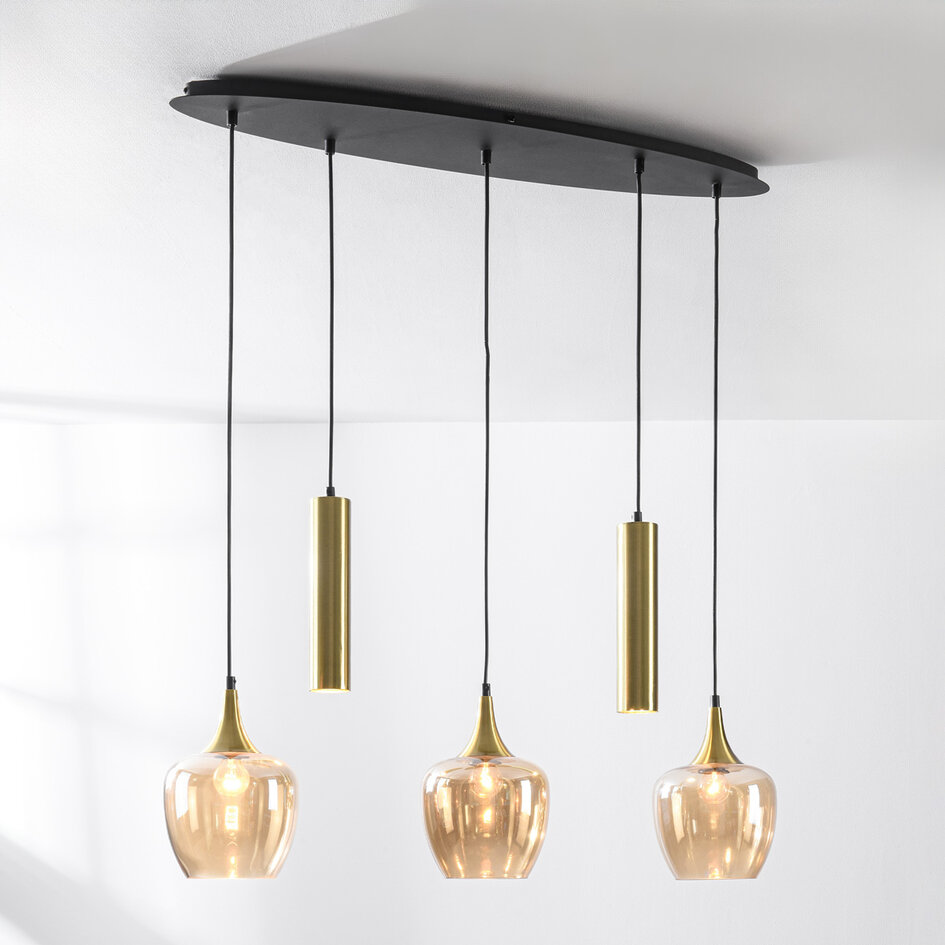 Nowoczesna lampa wisząca Eloi z dwoma złotymi reflektorami GU10 i trzema kloszami z bursztynowego szkła, 5-światło