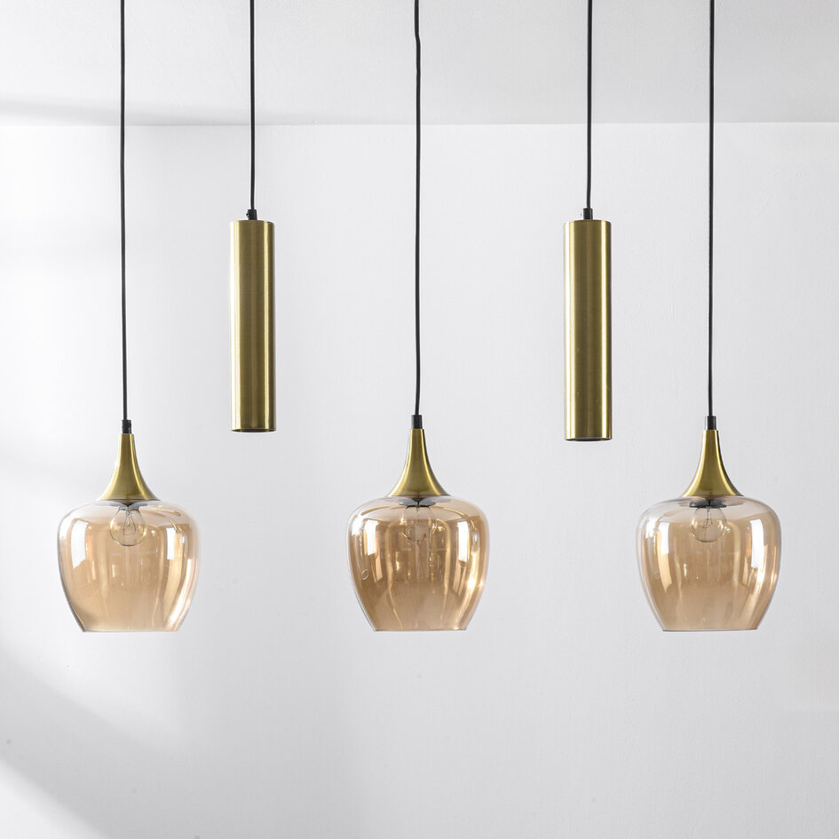 Nowoczesna lampa wisząca Eloi z dwoma złotymi reflektorami GU10 i trzema kloszami z bursztynowego szkła, 5-światło