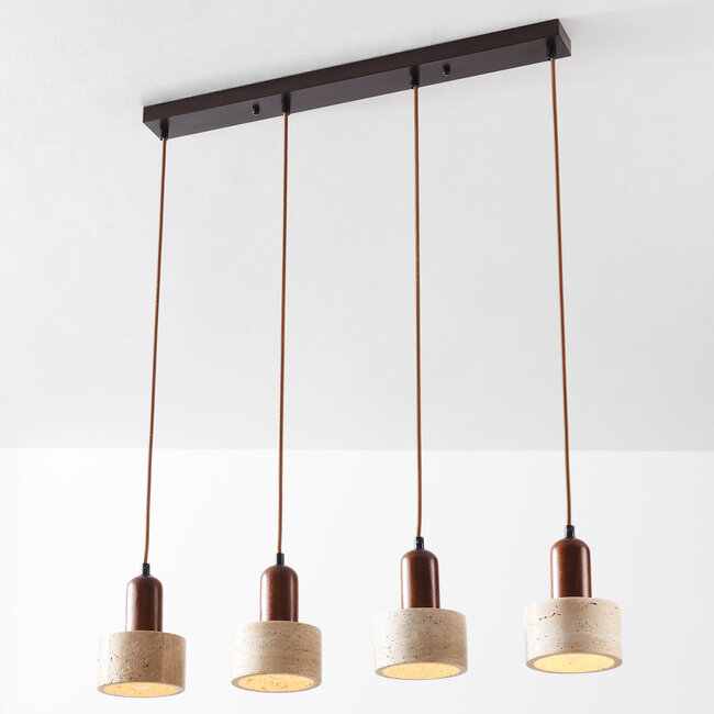 Luksusowa lampa wisząca Muro z 4 światłami, wykonana z trawertynu (kamień naturalny) i drewna