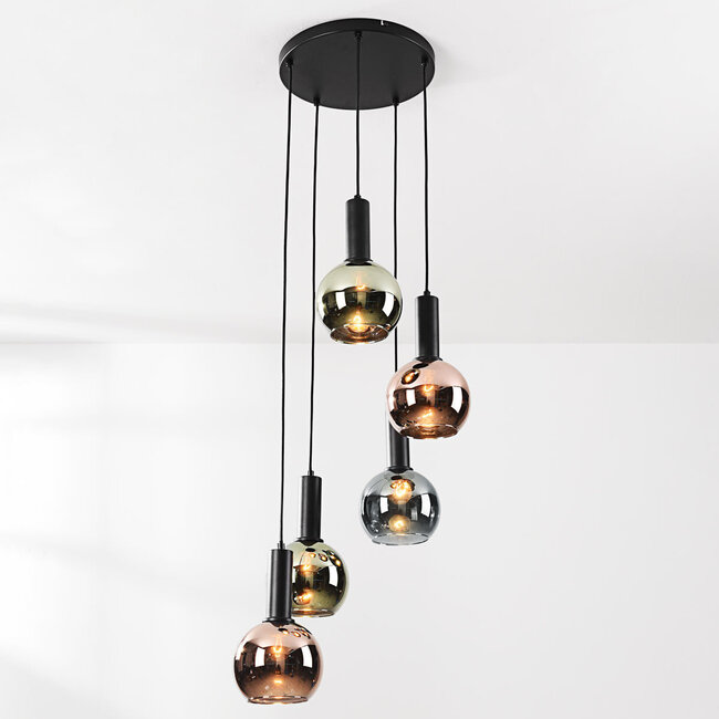 5 światła designerska lampa wisząca Imme ze szkłem dymionym szaroniebieskim, zielonym i miedzianym