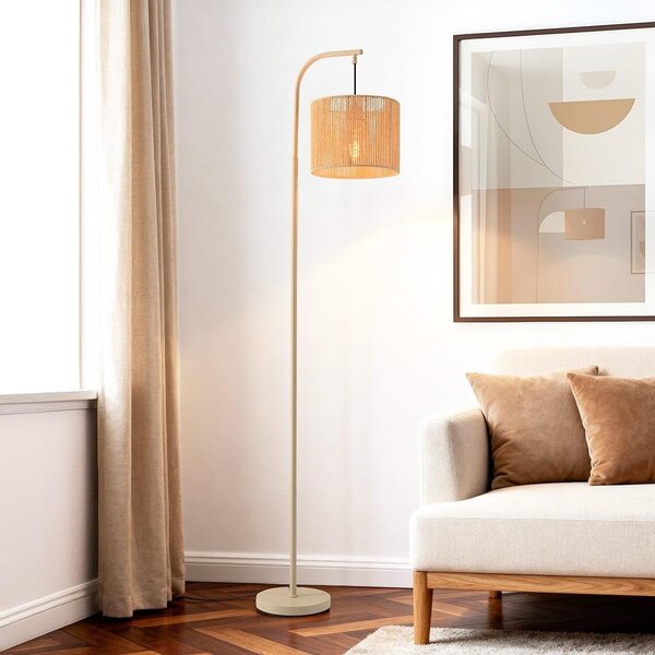 Lampa łukowa stojąca Reed beżowa z kremowym plecionym kloszem – 160 cm