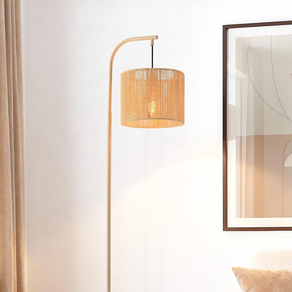 Lampa łukowa stojąca Reed beżowa z kremowym plecionym kloszem – 160 cm