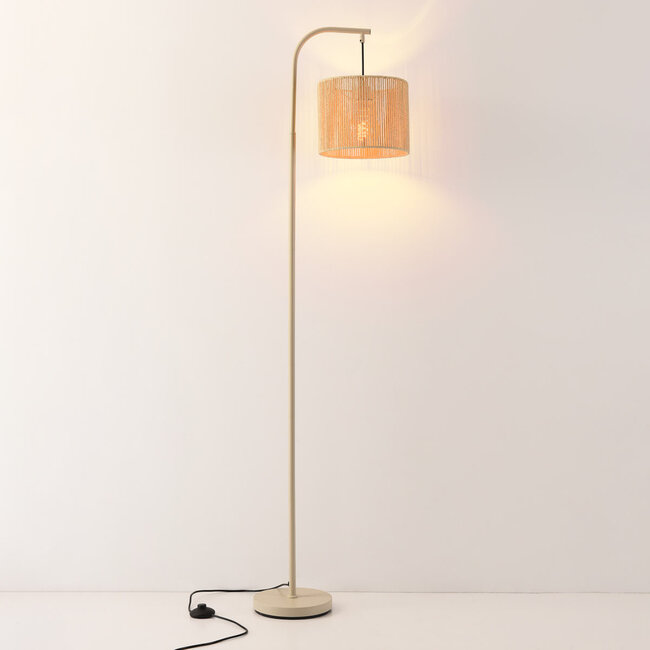Lampa łukowa stojąca Reed beżowa z kremowym plecionym kloszem – 160 cm