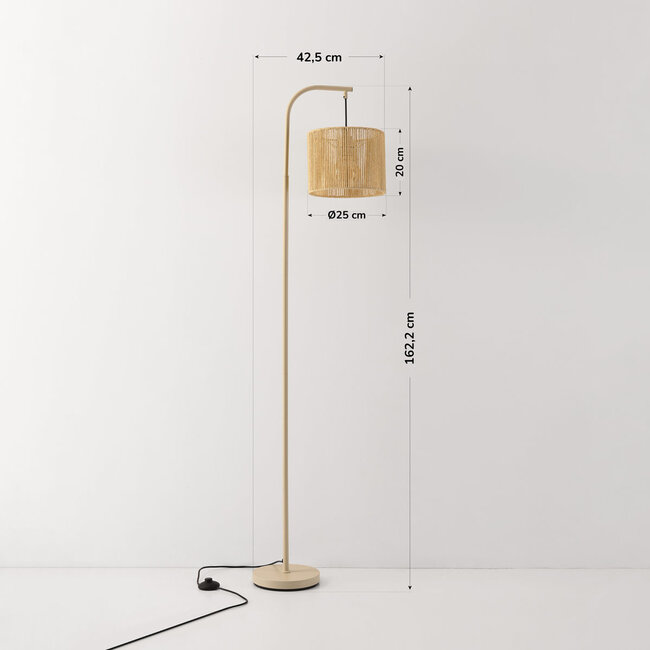 Lampa łukowa stojąca Reed beżowa z kremowym plecionym kloszem – 160 cm