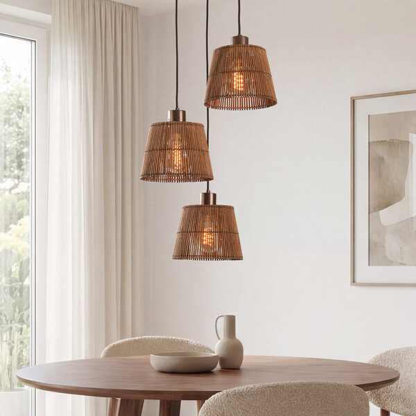 Design lampa wisząca Tami 3 światła z naturalnym bambusem i ciepłym brązem