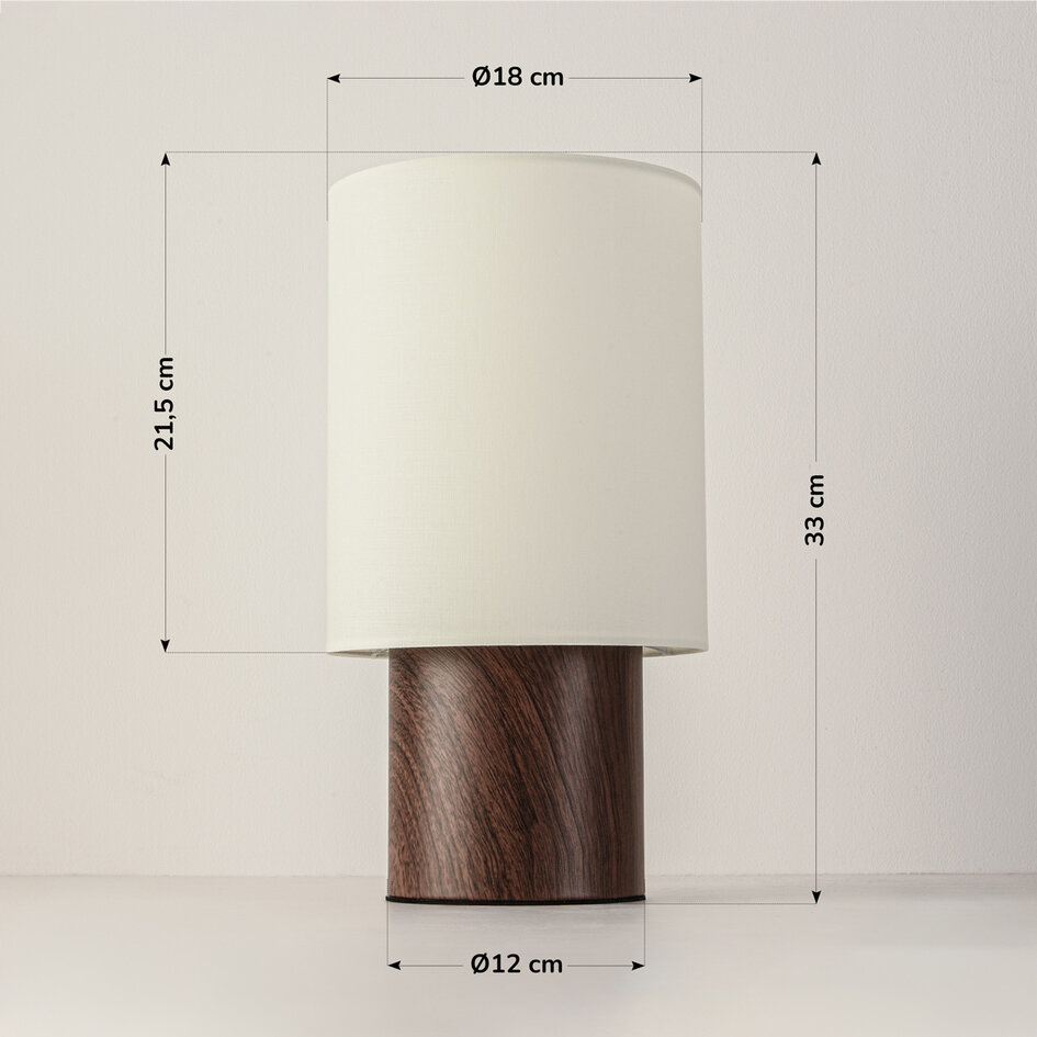 Lampa stołowa Koja z imitacją orzecha włoskiego i materiałowym kloszem