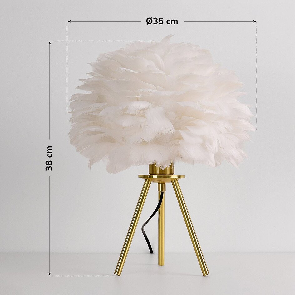 Lampa stołowa Saphira z białymi piórami i podstawą ze złotego mosiądzu