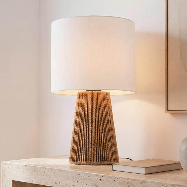 Boho-chic lampka stołowa Ranpu z białym kloszem