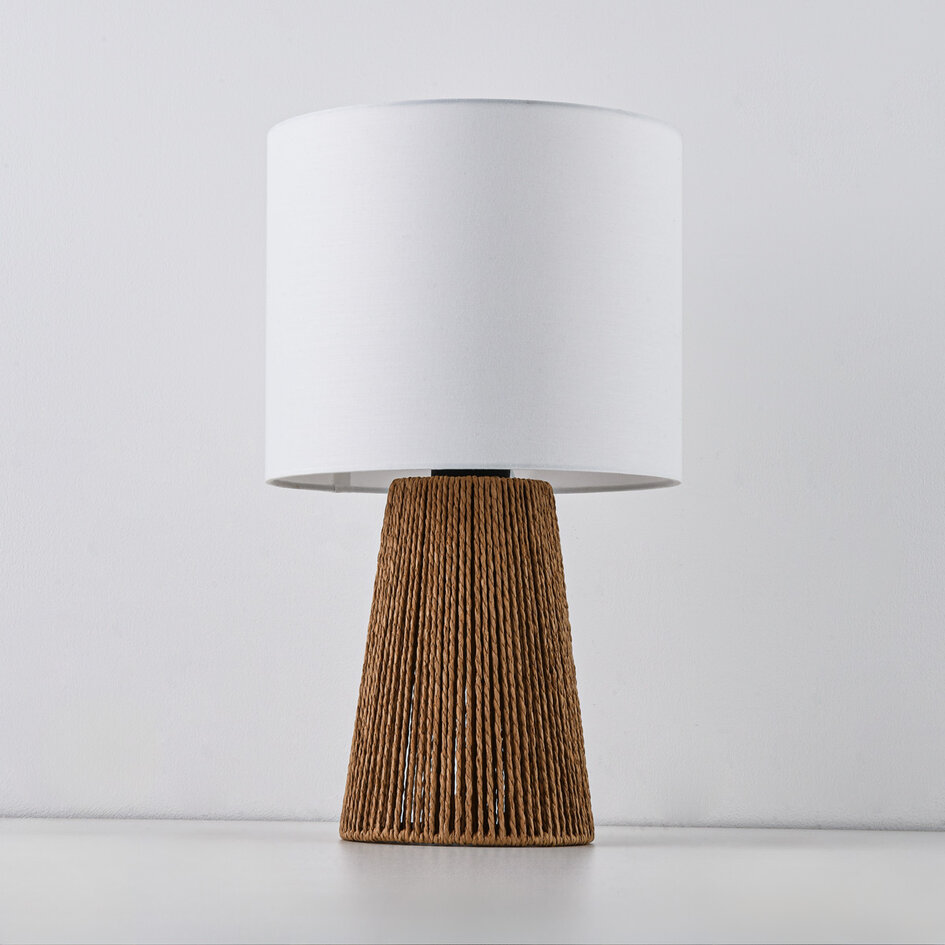 Boho-chic lampka stołowa Ranpu z białym kloszem