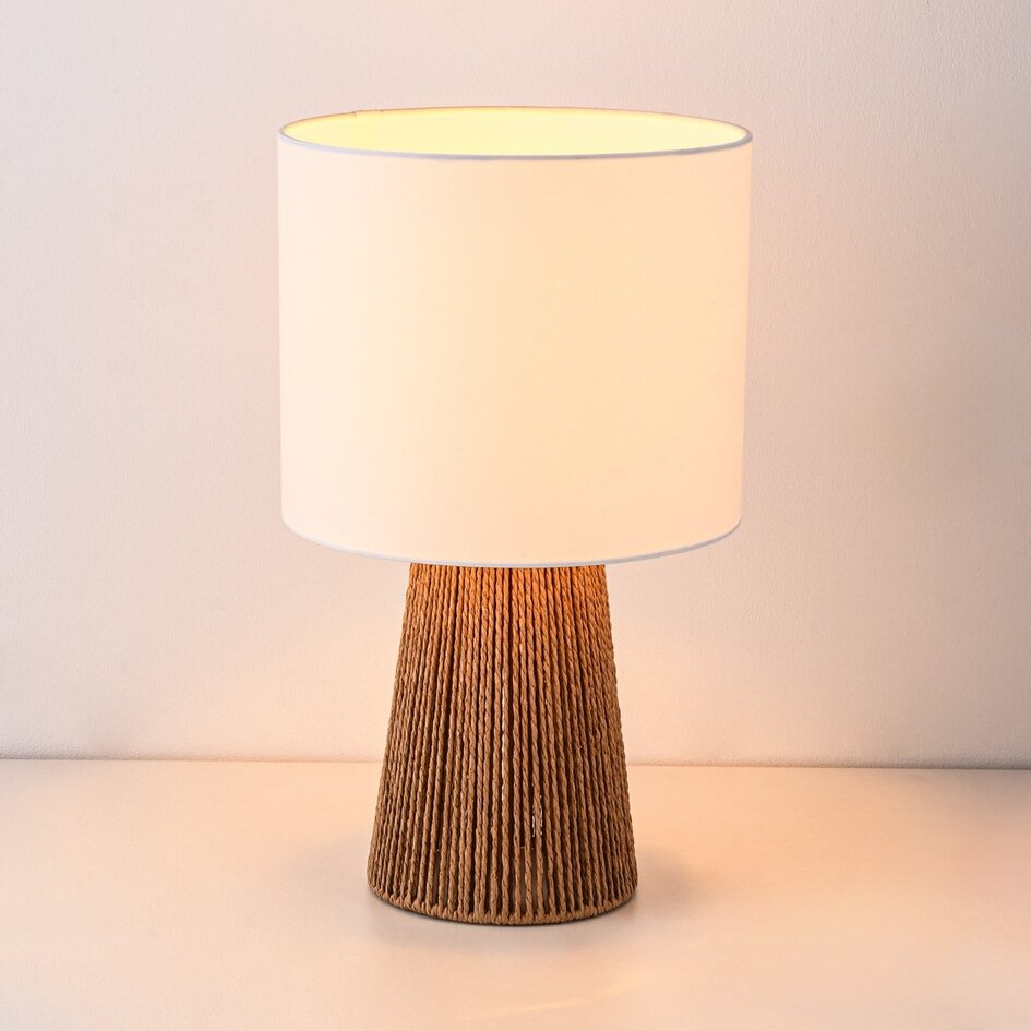 Boho-chic lampka stołowa Ranpu z białym kloszem