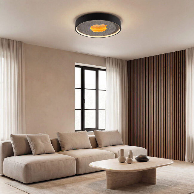 Lampa sufitowa Cercul Ø40 cm czarna z efektem szarego kamienia, efektem złota płatkowego i 3-stopniowo ściemnialna