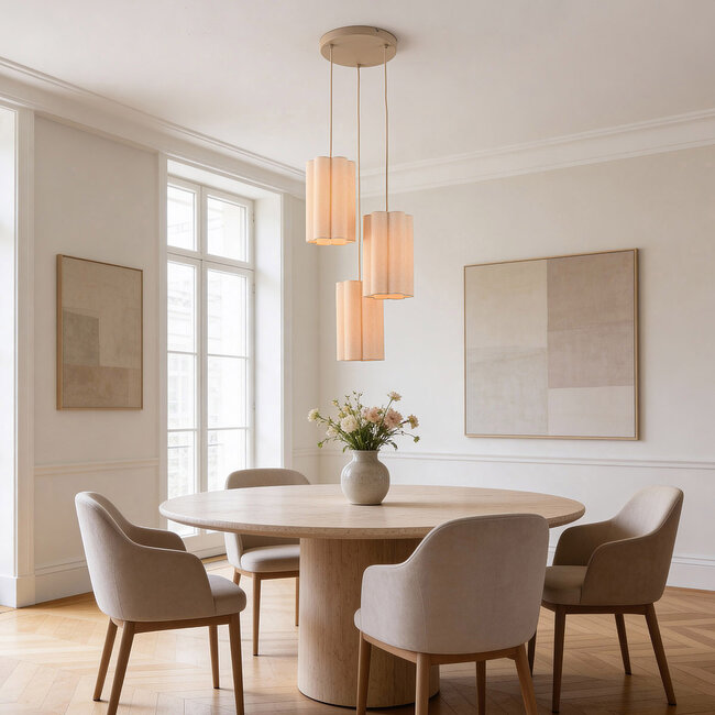 Lampa wisząca Orva z 3 światłami z beżowego lnu