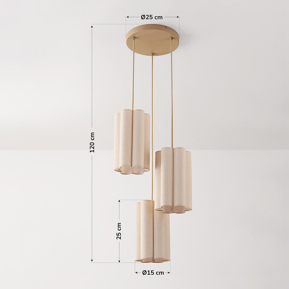 Lampa wisząca Orva z 3 światłami z beżowego lnu