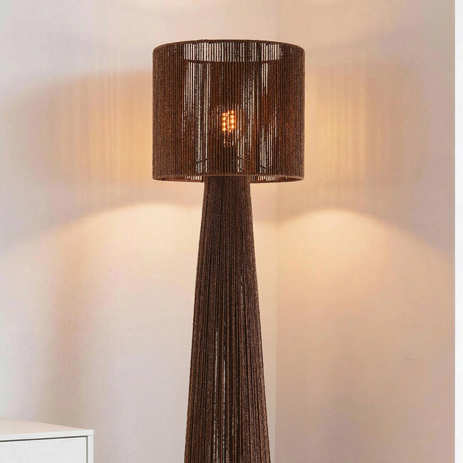 Lampa podłogowa Anori z plecionego sznurka papierowego w kolorze ciemnobrązowym