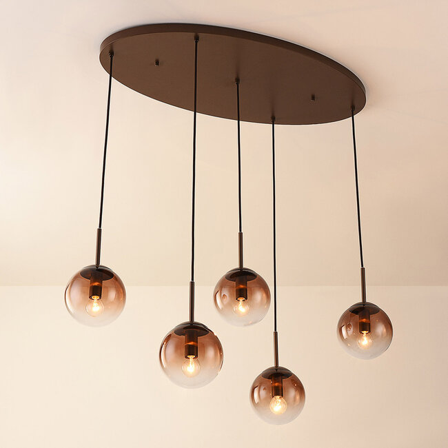 Lampa wisząca Nira z brązowymi szklanymi kulami ombre, 5 światła