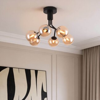 Lampa sufitowa Leon w czarnym kolorze ze szkłem bursztynowym, 6-światło