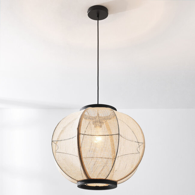 Japandi lampa wisząca Chairo - naturalny len i czarne drewno