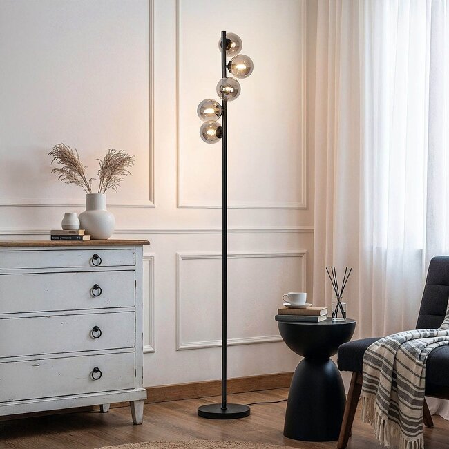 Lampa podłogowa Tyson czarna ze szkła dymionego, 5 światła