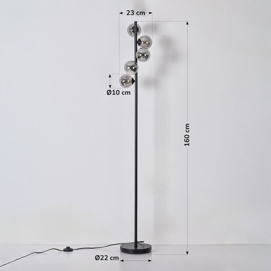 Lampa podłogowa Tyson – pięciopunktowa, czarna z dymionym szkłem