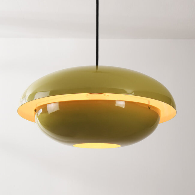Retro lampa wisząca Orbia w błyszczącej zieleni khaki