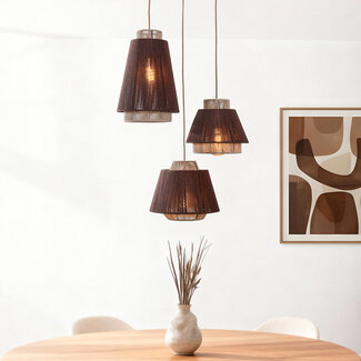 Boho 3 światła lampa wisząca Yra ze sznurem bawełnianym w ciepłym szarobrązowym i ciemnobrązowym