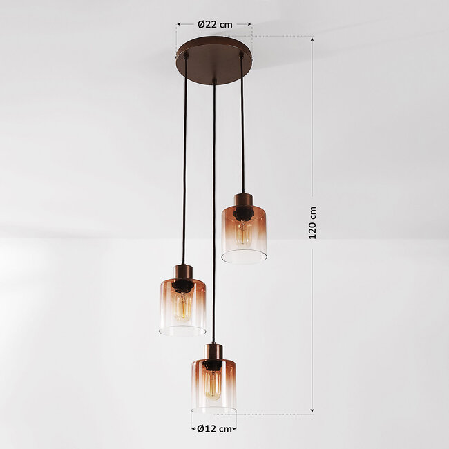Design lampa wisząca Pella z trzema szklanymi kloszami z efektem ombre w kolorze brązowym