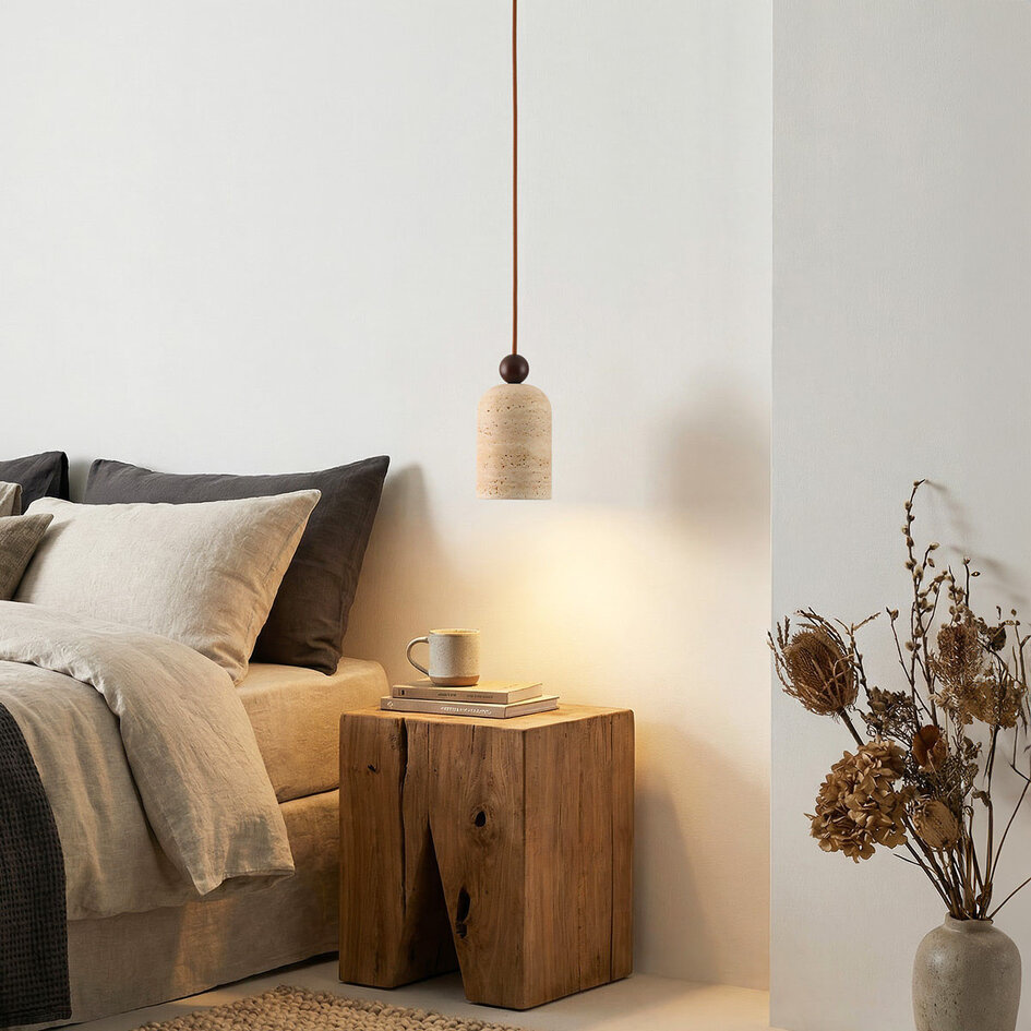 Lampa wisząca Voro w stylu Japandi z trawertynu (kamienia naturalnego) i drewna