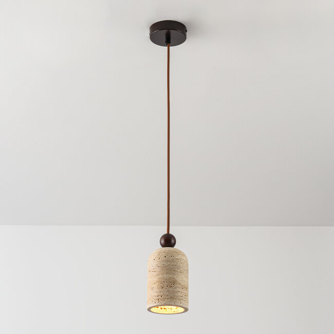 Lampa wisząca Voro w stylu Japandi z trawertynu (kamienia naturalnego) i drewna