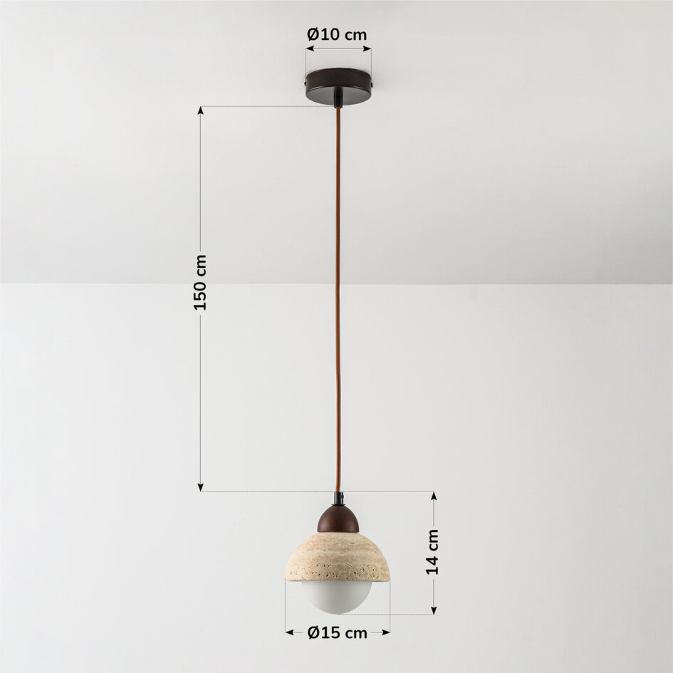 Lampa wisząca Vado z travertynu (kamień naturalny), drewna i mlecznobiałego szkła