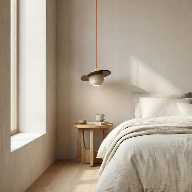 Lampa wisząca Tona z trawertynu (kamień naturalny) i drewna