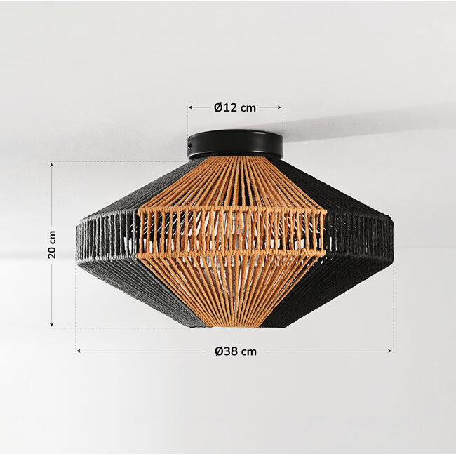 Boho-chic lampa sufitowa Skima z czarnej i naturalnej liny