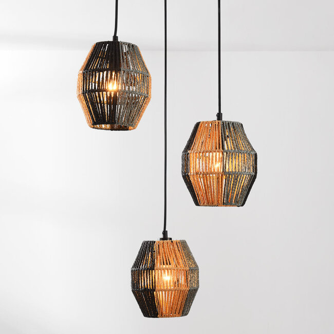 Lampa wisząca Lumra ze sznura w kolorze czarnym i naturalnym – 3 światła