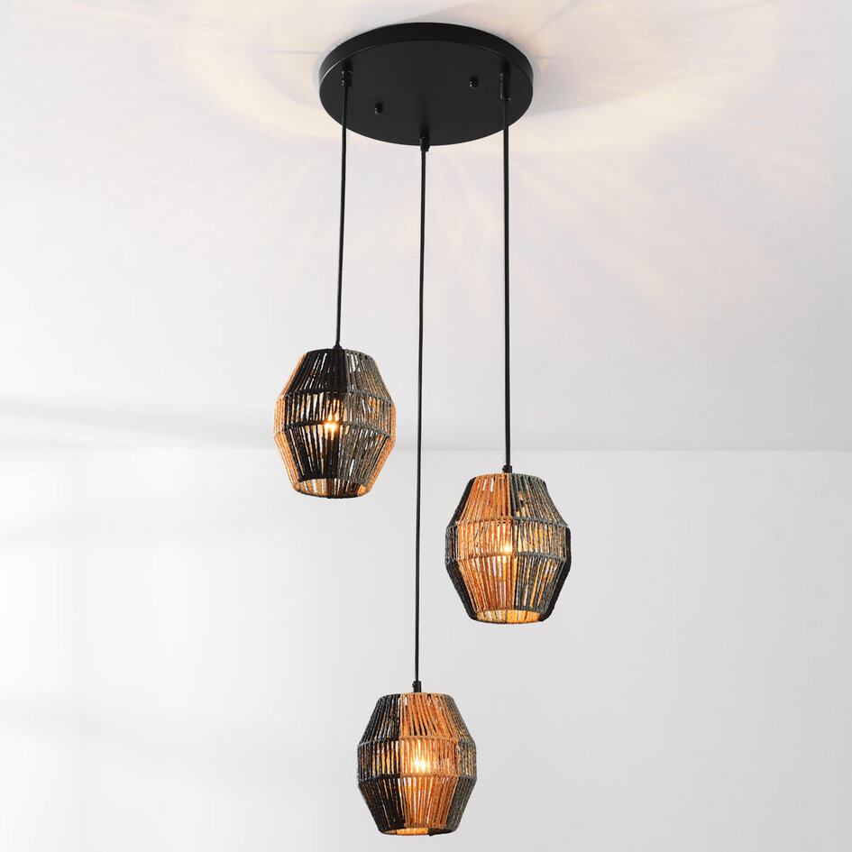 Lampa wisząca Lumra ze sznura w kolorze czarnym i naturalnym – 3 światła