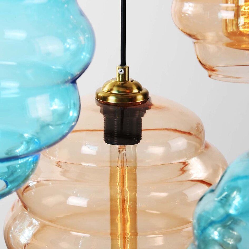 Design lampa wisząca Zavari z 9 szklanymi kulami w kolorze bursztynowym, przydymionym i niebieskim