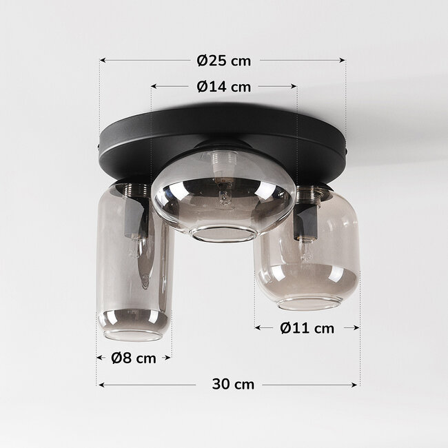Czarna lampa sufitowa Penba z 3 przydymionymi szklanymi kloszami
