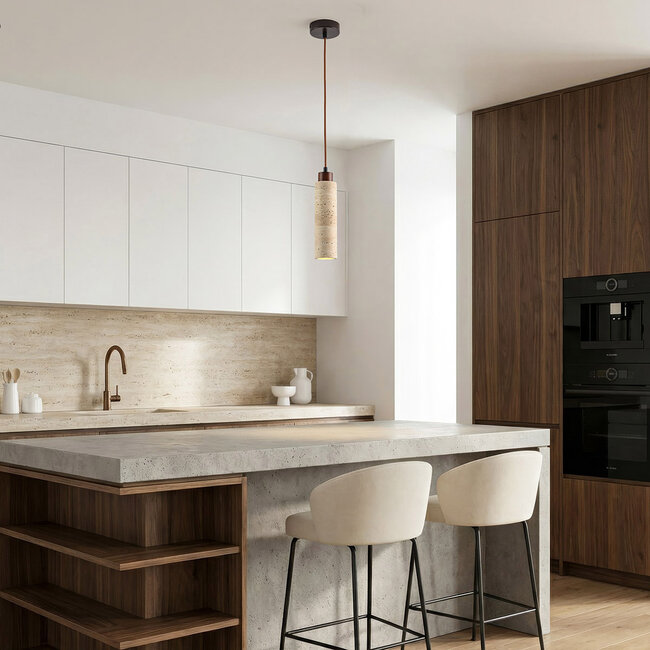 Lampa wisząca Oreno z trawertynu (kamień naturalny) i drewna w zestawie ze źródłem światła Philips