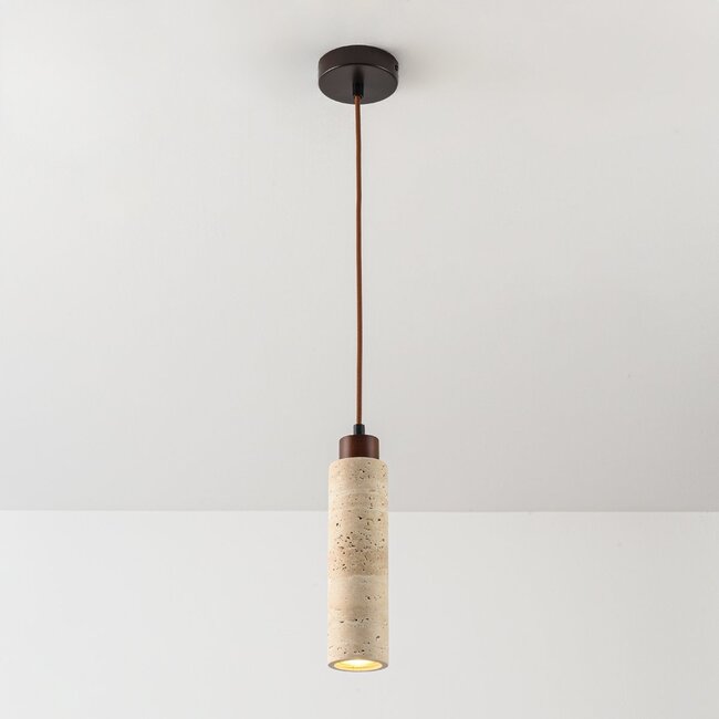 Lampa wisząca Oreno z trawertynu (kamień naturalny) i drewna w zestawie ze źródłem światła Philips