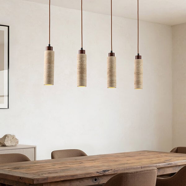 4-światła lampa wisząca Oreno z trawertynu (kamień naturalny) i drewna, w zestawie źródło światła Philips