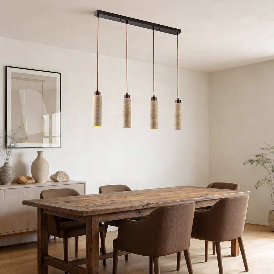 4-światła lampa wisząca Oreno z trawertynu (kamień naturalny) i drewna, w zestawie źródło światła Philips