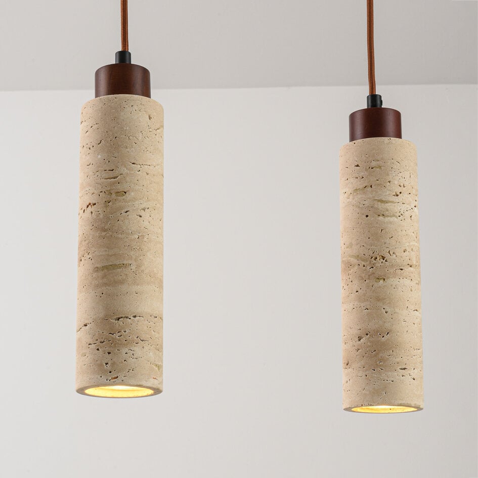 4-światła lampa wisząca Oreno z trawertynu (kamień naturalny) i drewna, w zestawie źródło światła Philips