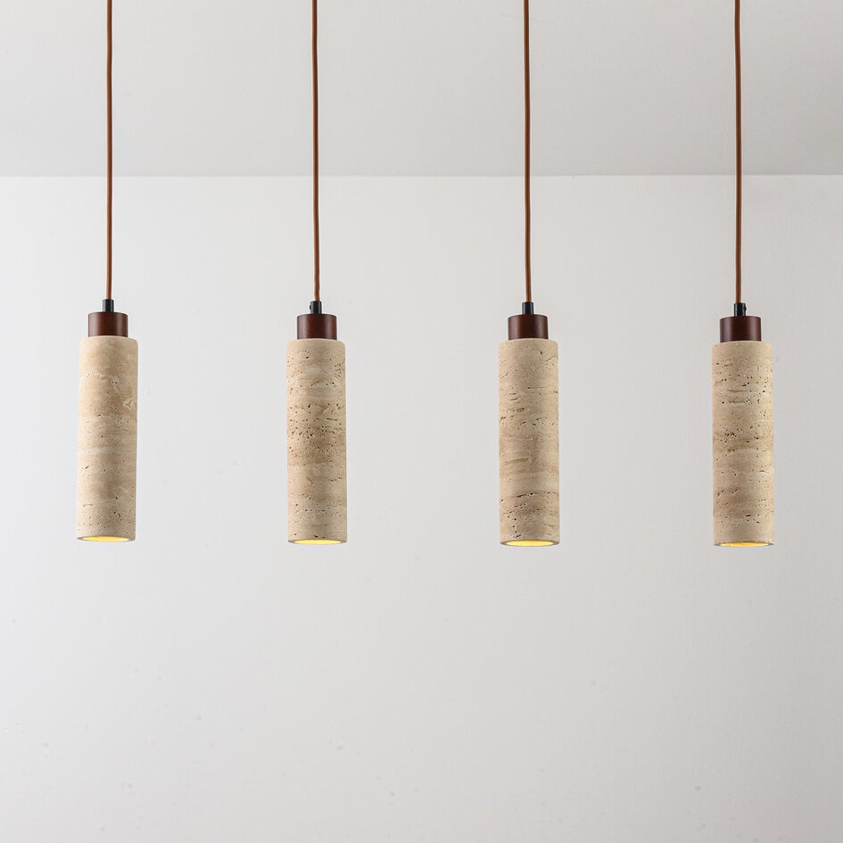 4-światła lampa wisząca Oreno z trawertynu (kamień naturalny) i drewna, w zestawie źródło światła Philips