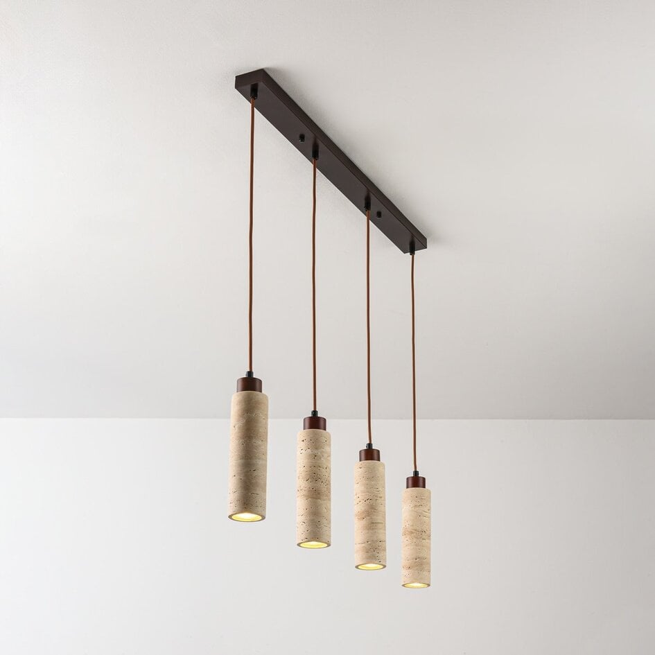 4-światła lampa wisząca Oreno z trawertynu (kamień naturalny) i drewna, w zestawie źródło światła Philips