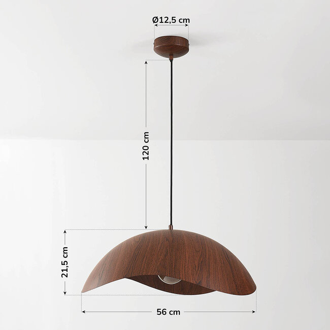 Japandi lampa wisząca Zongse z metalowym kloszem w imitacji drewna orzechowego Ø56 cm
