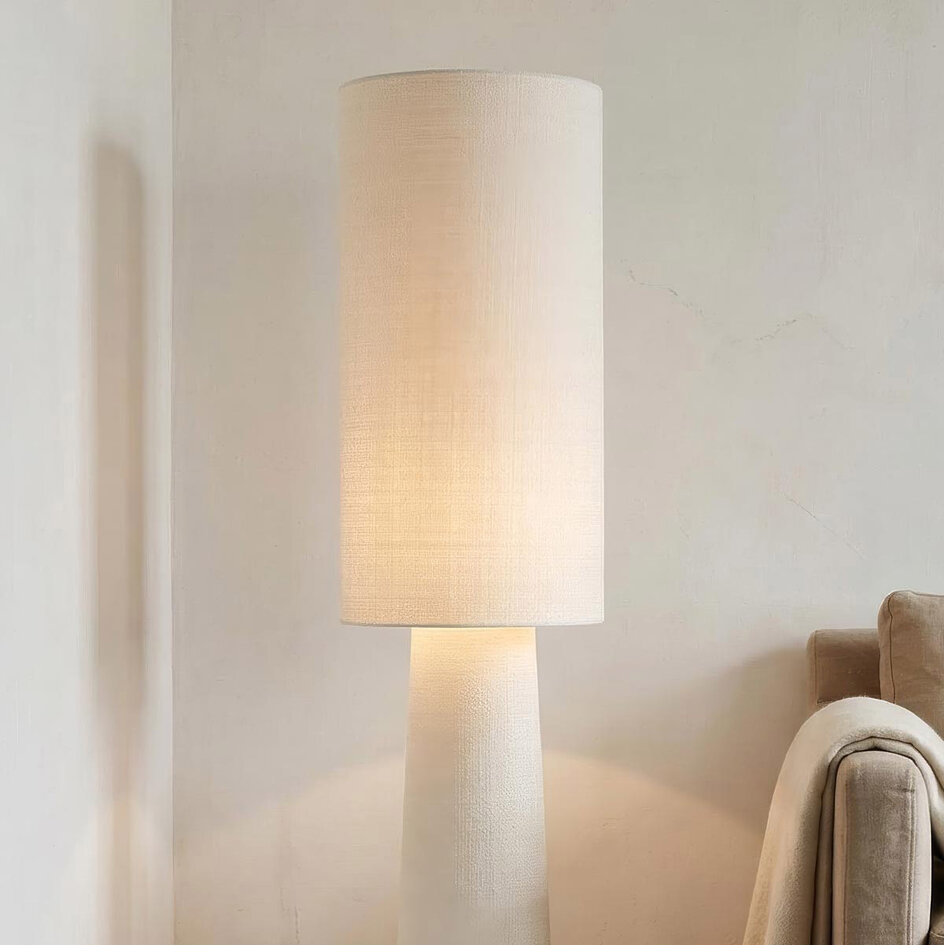 Lampa podłogowa Japandi Lumo, lniana, w kolorze złamanej bieli